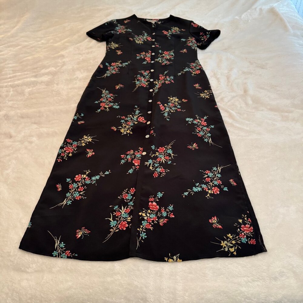 Coldwater Creek Black Floral Button Front Dress Size 8